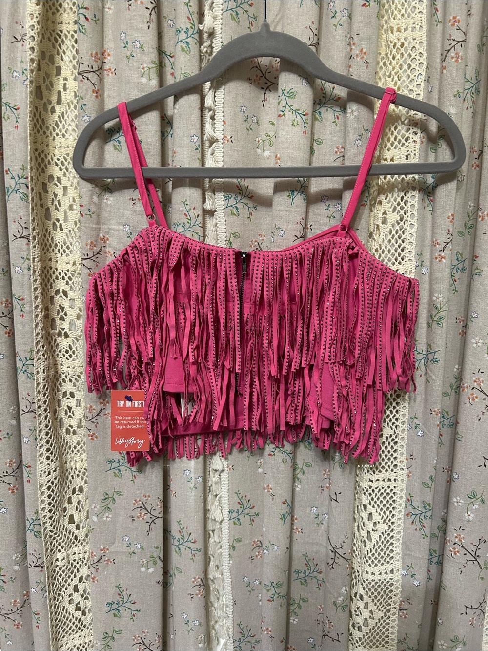NWT Hot Pink Rhinestone Fringe Crop Top Western Glam Cowgirl Festival Top Medium - Picture 5 of 6